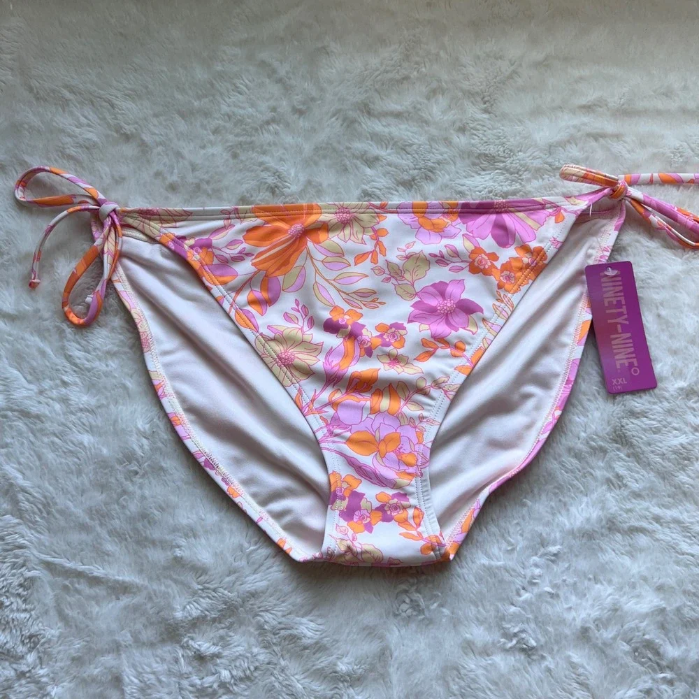 Ninety-Nine Womens Retro Floral Side Tie‎ Hipster Bikini Bottoms XXL Pink Orange